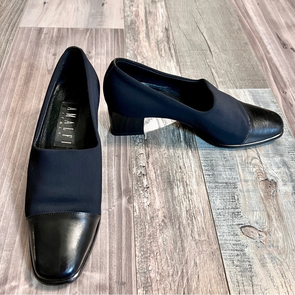 Amalfi Italy Womens Genuine Leather Heels Size 6.5 Black Woven Stretch Material